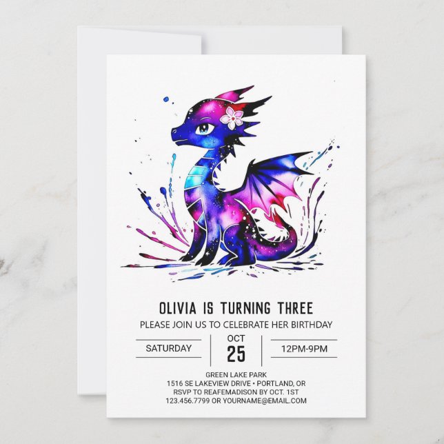 Online Colourful Dragon Digital Girl Birthday Invitation (Front)