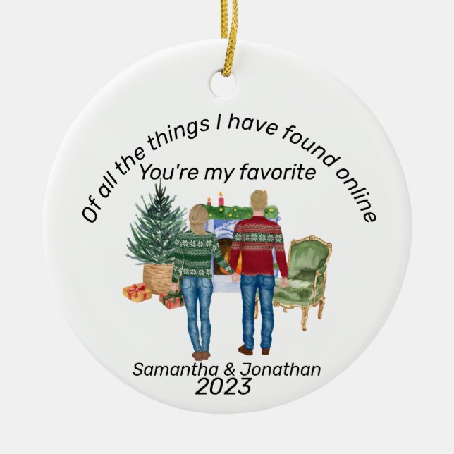 Online Dating Couple Blonde Newlyweds Ceramic Tree Decoration (Front)