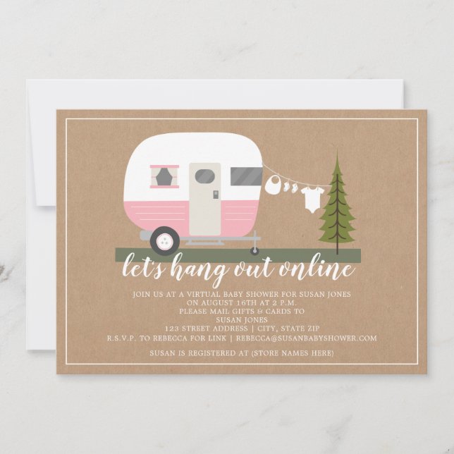 Online Pink Trailer Camper Woodland Baby Shower Invitation (Front)