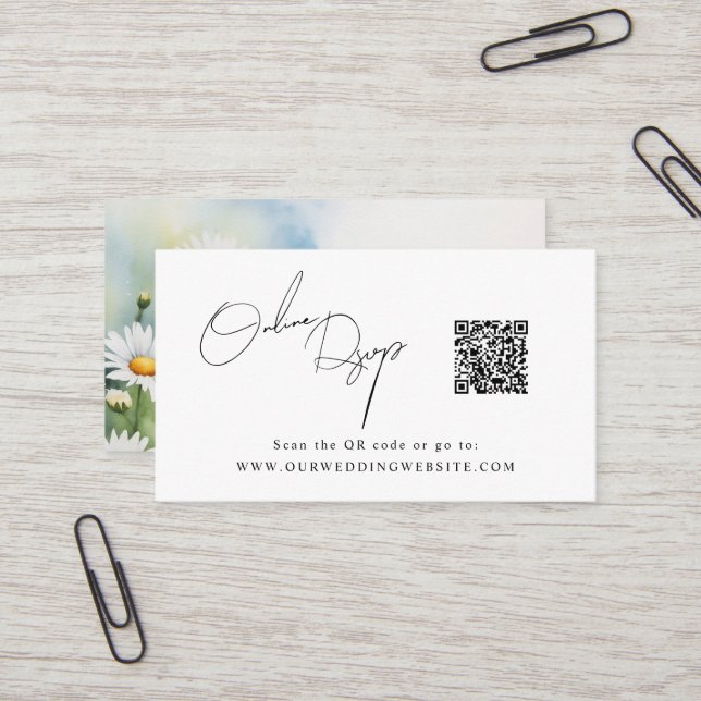 Online RSVP QR Code daisies spring website Business Card (Front/Back In Situ)