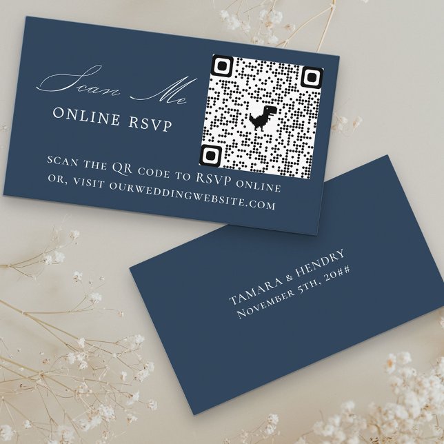 Online RSVP QR Code Navy Blue Wedding Website Enclosure Card (Creator Uploaded)
