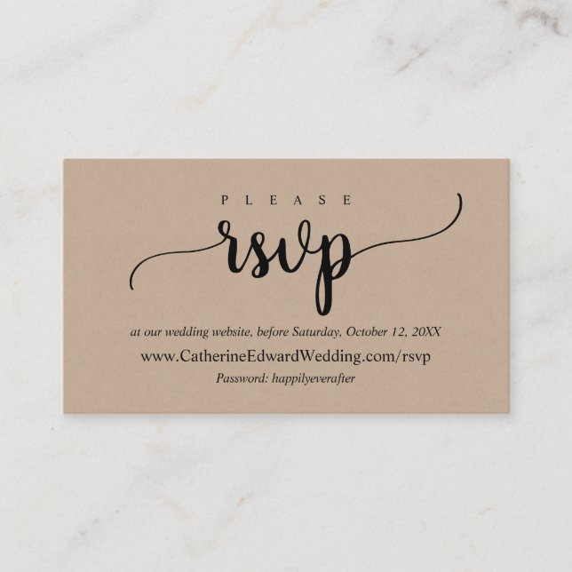 Online RSVP website, Black Script, Brown Kraft Enclosure Card (Front)