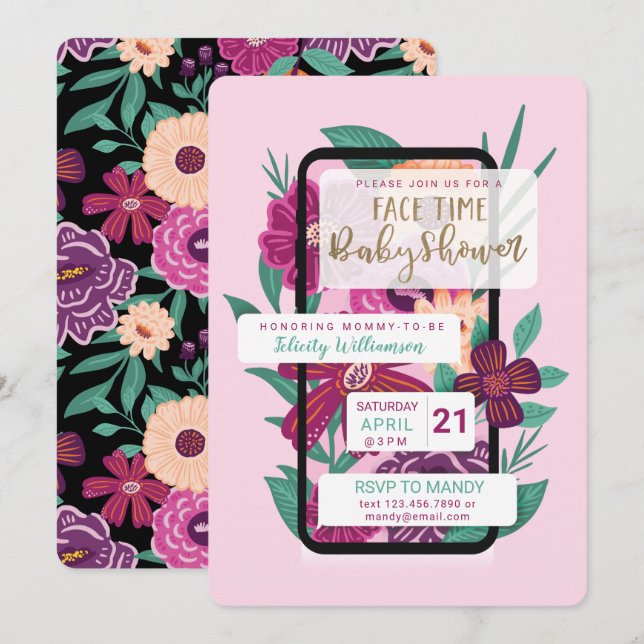 Online Video Chat Floral Phone Texting Baby Shower Invitation (Front/Back)