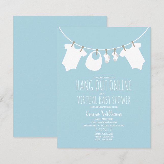 Online Virtual Baby Shower Clothesline Blue Invitation (Front/Back)
