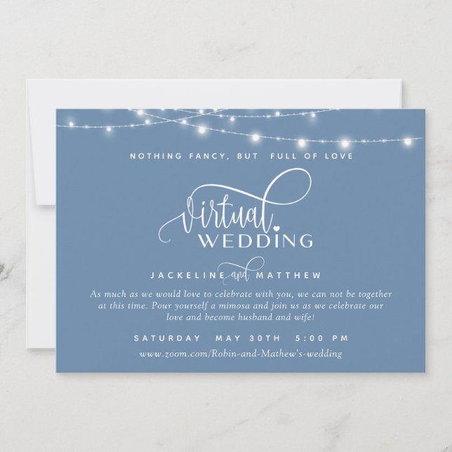 Online Virtual Wedding Dusty Blue, String Lights Save The Date (Front)