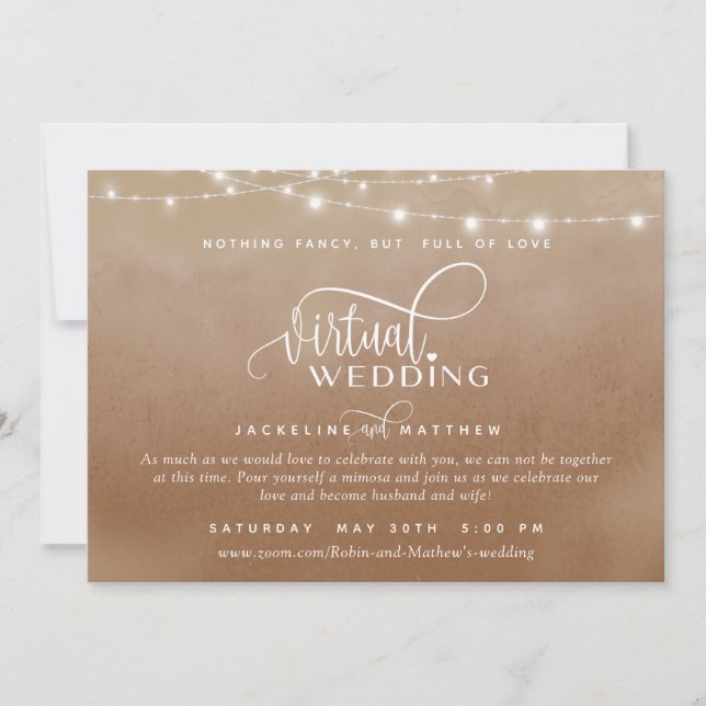 Online Virtual Wedding Terracotta, String Lights Save The Date (Front)