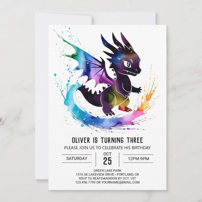 Online Watercolor Dragon Digital Boy Birthday Invitation (Front)