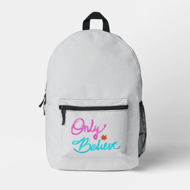Only Believe Christian Quote with Flower Printed Backpack (Front)