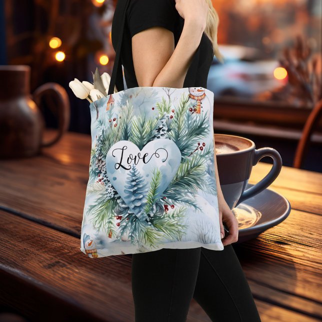 Only Love Matters Christmas Watercolor Tote Bag (Christmas tote bag featuring a watercolor design with a heart with pine twigs and berries in snow )