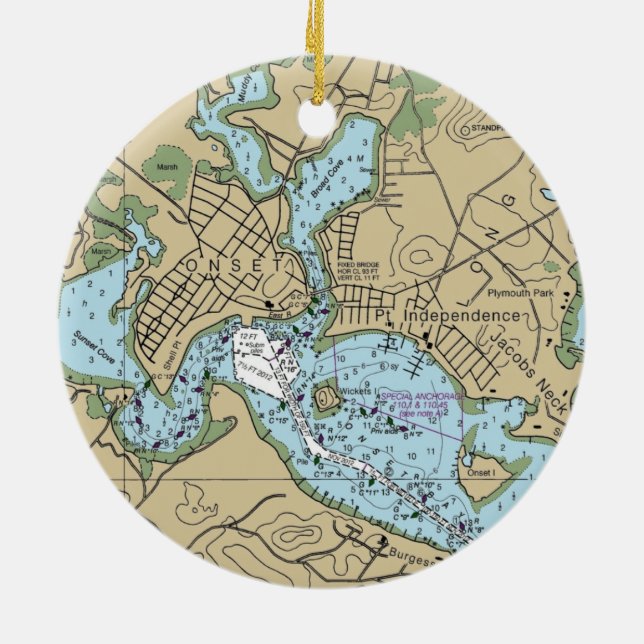 Onset MA Nautical Chart Ceramic Tree Decoration (Back)