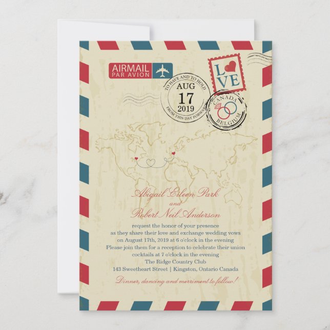 Ontario Canada & Belgium Vintage Airmail Wedding Invitation (Front)