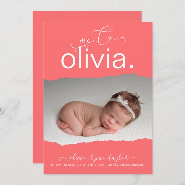 OnTrend CORAL  Photo Torn Paper Birth Announcement (Front/Back)