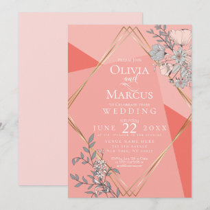 OnTrend Wedding Coral Floral Geometric Gold Frame Invitation