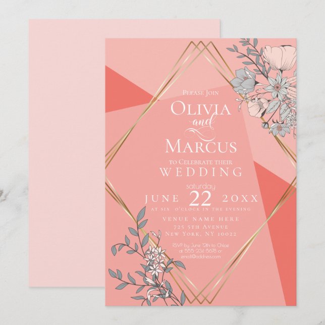 OnTrend Wedding Coral Floral Geometric Gold Frame Invitation (Front/Back)
