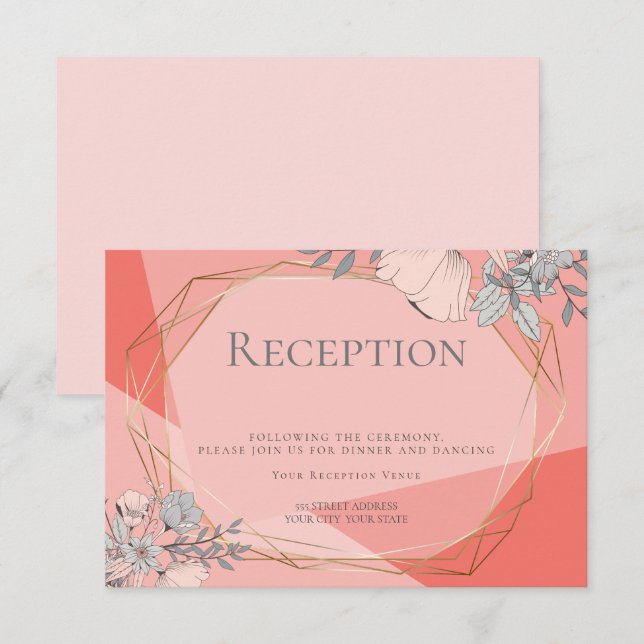 OnTrend Wedding Reception Coral Floral Gold Frame Invitation (Front/Back)
