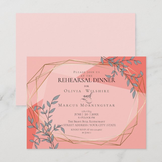 OnTrend Wedding Rehearsal Coral Floral Gold Frame Invitation (Front/Back)