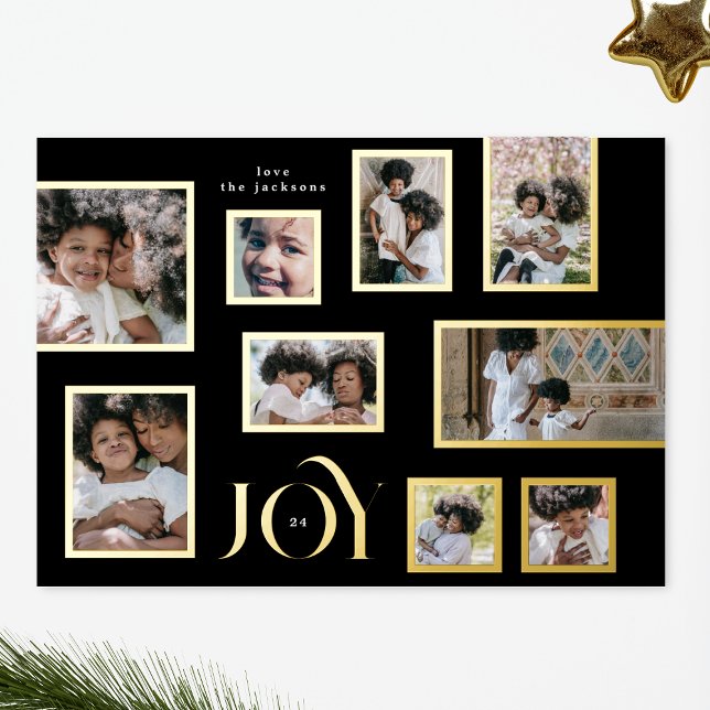 Onyx 9 Photo Collage Frames Modern JOY Christmas Foil Holiday Card (Creator Uploaded)