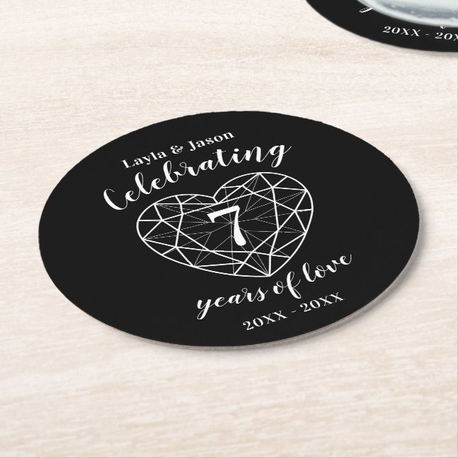Onyx black anniversary 7 years personalised round paper coaster (Angled)
