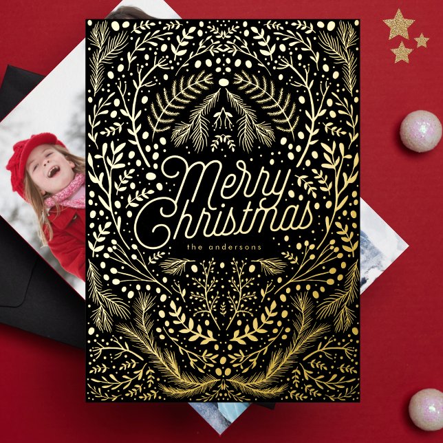 Onyx Black Gold Foliage & Berries Merry Christmas Foil Holiday Card (Creator Uploaded)