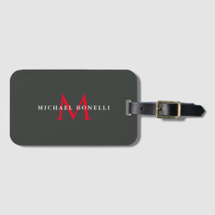 Onyx Black Red Monogram Modern Minimalist Luggage Tag