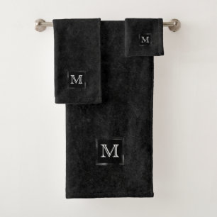 Onyx Black Velvet Chalkboard Grunge Monogram Bath Towel Set