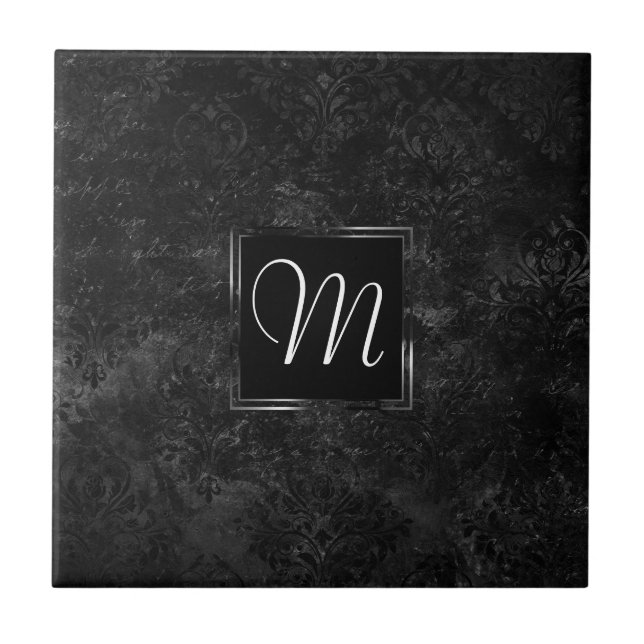 Onyx Black Velvet | Chalkboard Grunge Monogram Tile (Front)