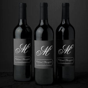 Onyx Black Velvet Chalkboard Grunge Monogram Wine Label