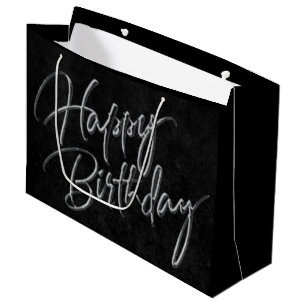 Onyx Black Velvet   Grunge Happy Birthday Script Large Gift Bag