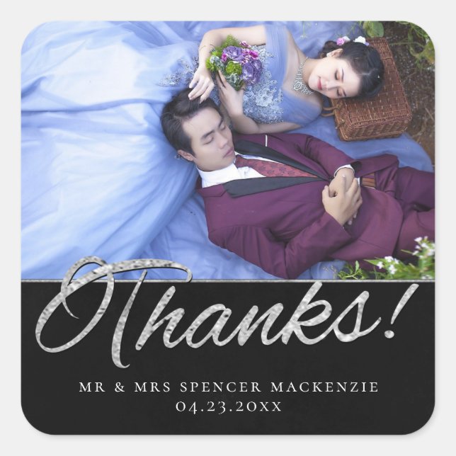 Onyx Black Velvet | Grunge Silver Thanks Photo Square Sticker (Front)