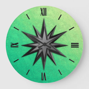Onyx compass rose - peridot green background large clock