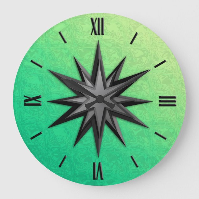 Onyx compass rose - peridot green background large clock (Front)