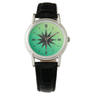 Onyx compass rose - peridot green glass background watch