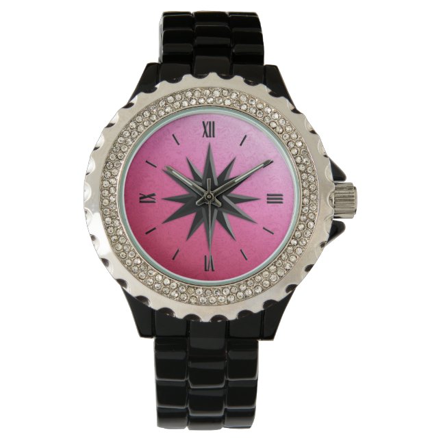 Onyx compass rose - rose quartz background watch (Front)