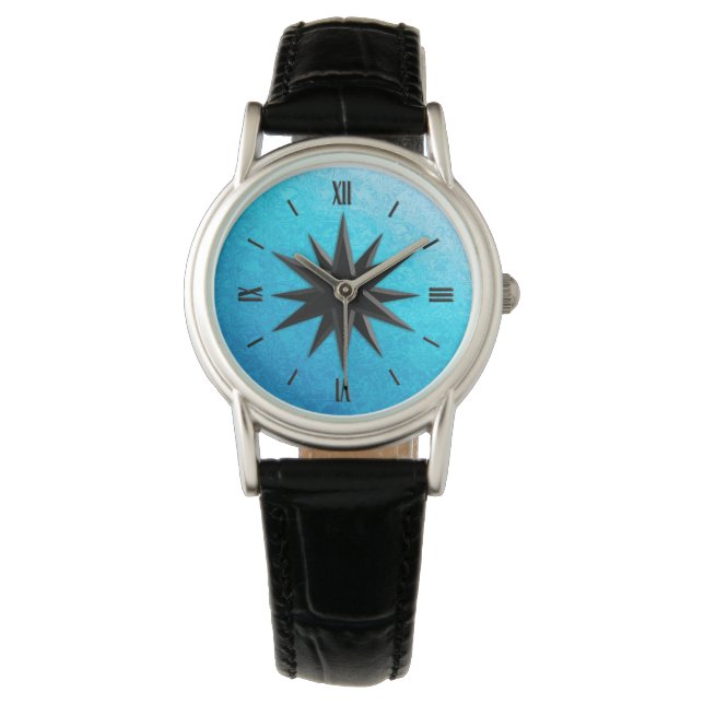 Onyx compass rose - turquoise glass background watch (Front)