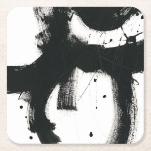 Onyx Gesture - Black Paint Strokes Square Paper Coaster