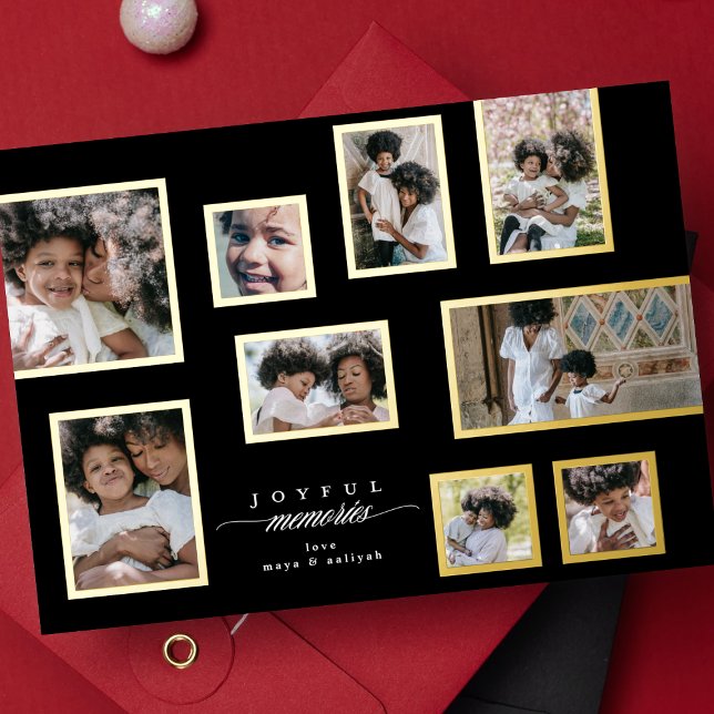 Onyx Photo Collage Frames Modern Joyful Moments Foil Holiday Card (Creator Uploaded)