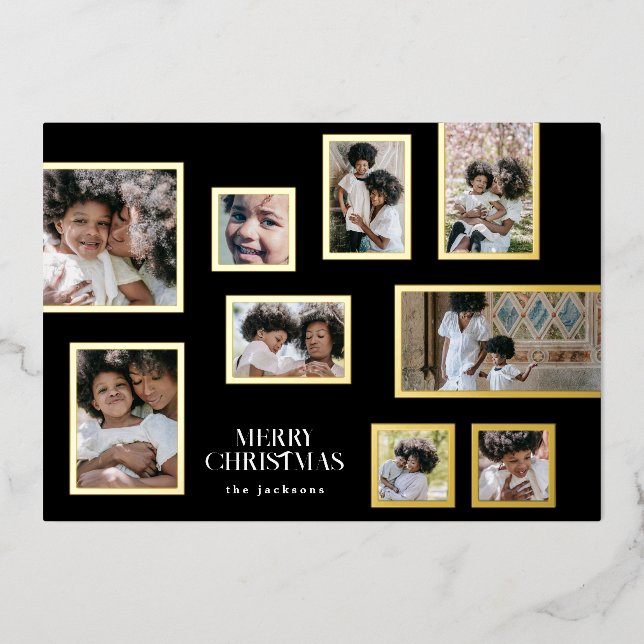 Onyx Photo Collage Frames Modern Merry Christmas Foil Holiday Card (Front)