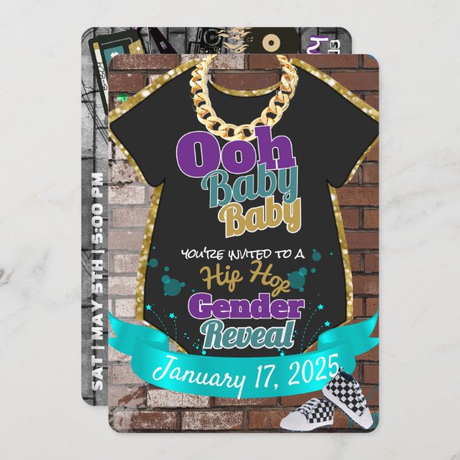 Ooh Baby Baby|Purple & Teal Hip Hop Gender Reveal Invitation (Front/Back)