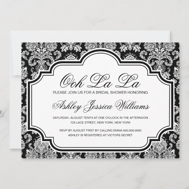 Ooh La La Black And White Damask Bridal Shower Inv Invitation (Front)