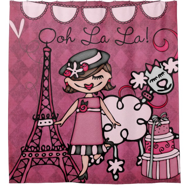 Ooh La La Brown Haired Diva Eiffel Tower Poodle Shower Curtain (Front)