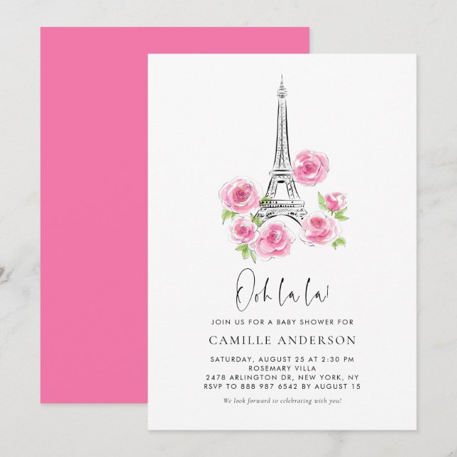 Ooh la la Eiffel Tower Pink Floral Baby Shower Invitation (Front/Back)