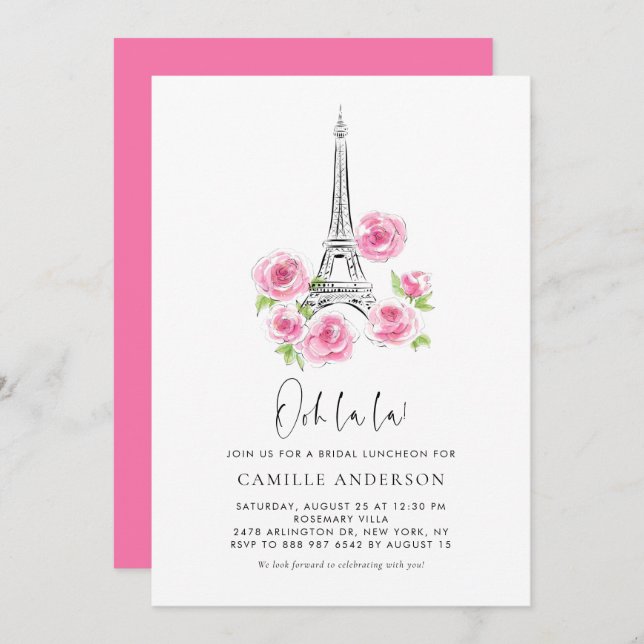 Ooh la la Eiffel Tower Pink Floral Bridal Luncheon Invitation (Front/Back)