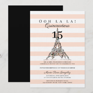 Ooh La La Floral Eiffel Tower Paris Quinceañera Invitation