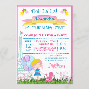 Ooh La La! French Girl & Pink Poodle Birthday Invitation