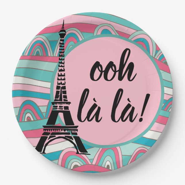 Ooh la la/ Monogram French Chic Eiffel Tower Paper Plate (Front)