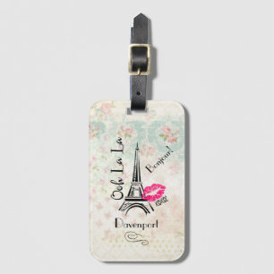 Ooh La La Paris Eiffel Tower on Vintage Pattern Luggage Tag
