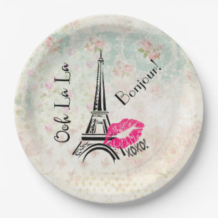 Ooh La La Paris Eiffel Tower on Vintage Pattern Paper Plate
