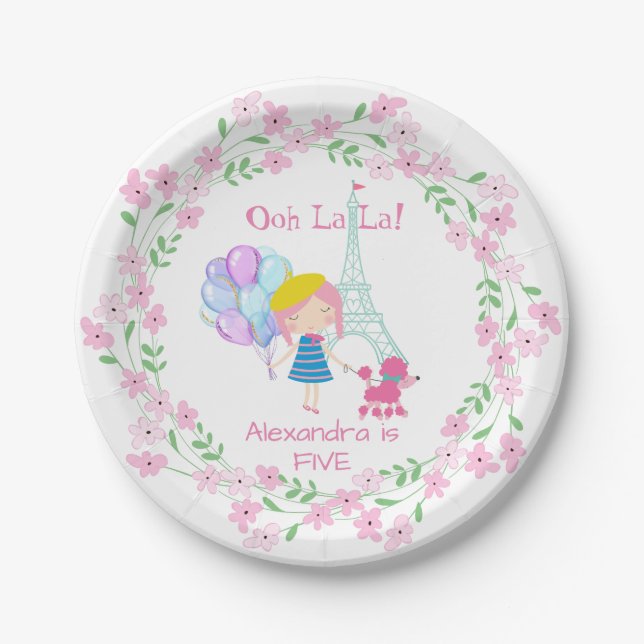 Ooh La La! Paris Girl & Pink Poodle Paper Plate (Front)