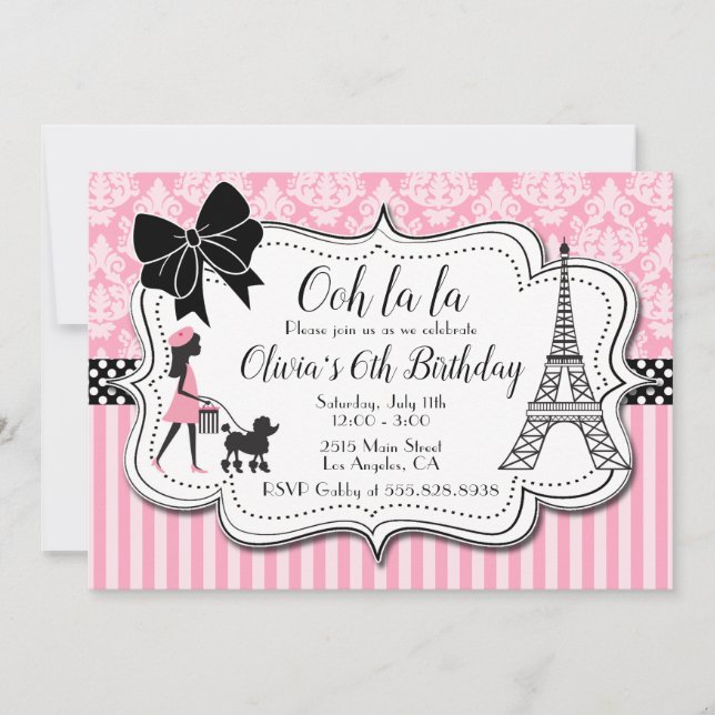 Ooh la la - Paris Poodle Girl Pink Birthday Party Invitation (Front)
