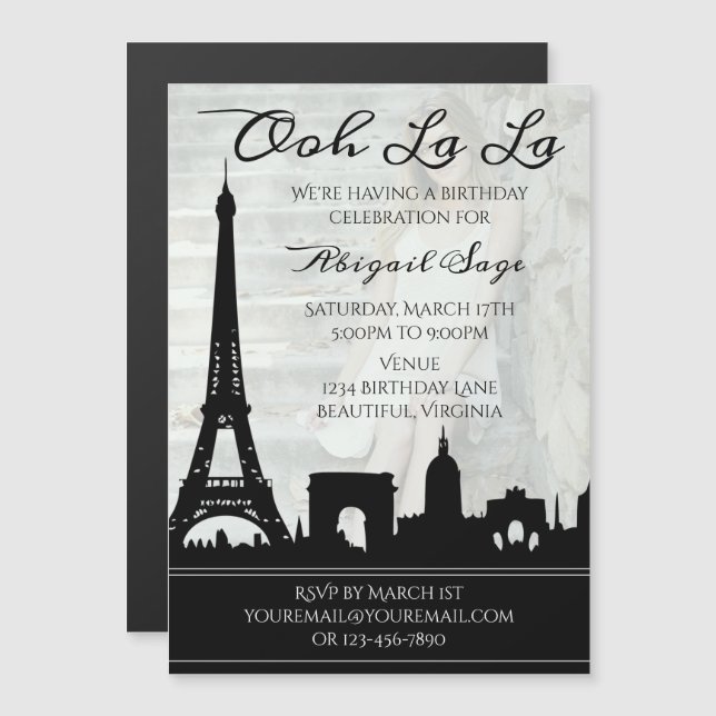 Ooh La La Paris Skyline Photo Birthday Party Magnetic Invitation (Front/Back)